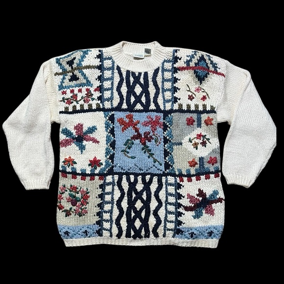 90’s Classic Elements Cream and Navy Knit Top With Shoulder Pads - Picture 6 of 10